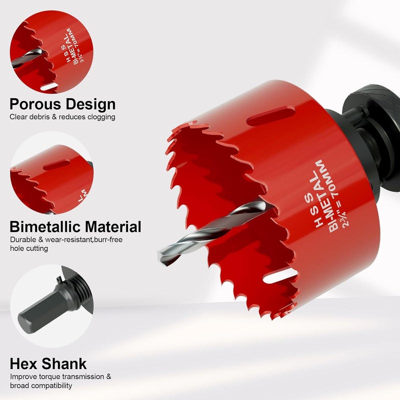 FIVELAKE 2-3/4" (70mm) Bi-Metal M42 High Speed Steel Hole Saw with Dust Bowl and Pilot Drill Bit, Smooth Cutting Edge for PVC, Drywall, Wood, Plastic, Gypsum Board, Rubber, Thin Metal - Image 3